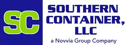 Logo for Southern Container, LLC. It features the letters "SC" in green and blue on the left, and "Southern Container, LLC" in bold blue text on the right. Below, it reads "a Novvia Group Company" in smaller blue letters.