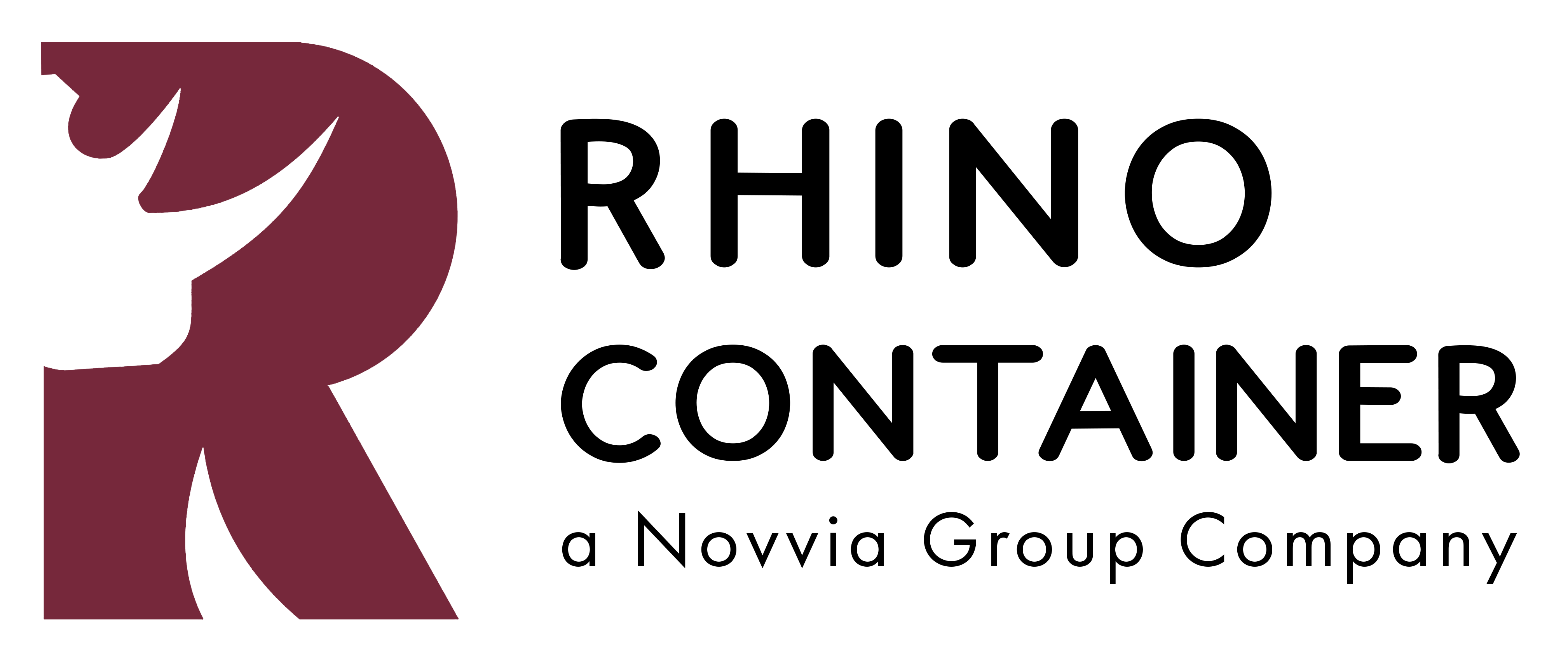 Red logo of a stylized letter "R" incorporating the silhouette of a rhinoceros, next to the text "Rhino Container" in black.